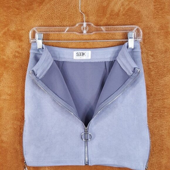 SEEK THE LABEL Womens Skirt Small Gray Mini Zip Front Stretch Faux Suede - Picture 2 of 10